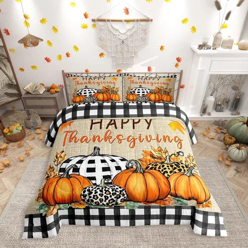 Vista 37 de Erosebridal Juego de edredón individual de pavo de Acción de Gracias, juego de ropa de cama de calabaza con hojas de otoño para niños y adultos