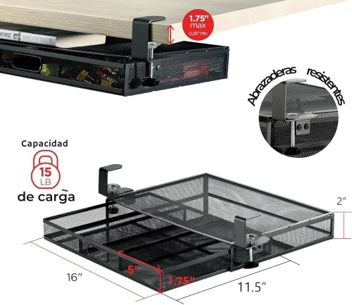 Vista 4 de Organizador de Cajones Debajo del Escritorio con Abrazadera, Accesorio de Malla Metálica, 1 Cajón Deslizante, Organizador para Escritorio o Debajo