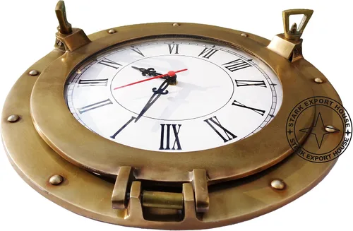 Vista 3 de Navegación náutica antigua Navegación marina de latón ojo de buey reloj de pared de latón macizo 15 pulgadas mejor para regalo (K RY)