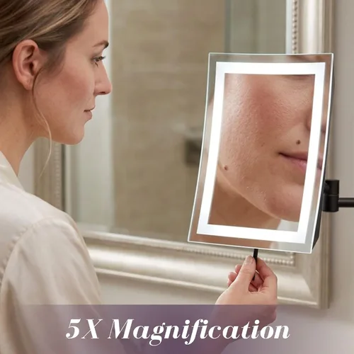 Vista 4 de JERDON Espejo de maquillaje rectangular para montaje en pared con aumento 5X, espejo de maquillaje de alambre directo con luces LED, negro mate