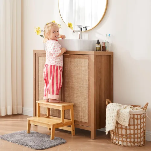 Vista 2 de Taburetes de bambú para niños, taburete de madera para cocina/baño/mesita de noche, taburete de doble escalón, soporta hasta 350 libras