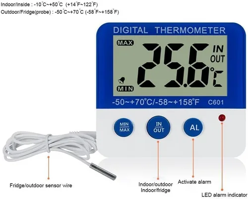Vista 3 de Termómetro digital para nevera con soporte magnético y soporte calibrado para congelador con alarma LED, memoria máxima/mínima, rango de -58°F a