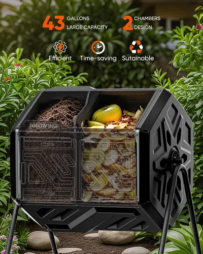 Vista 4 de THE GROW'ING Contenedor de compostaje actualizado de 43 galones para exteriores, compostador giratorio de montaje rápido, compostador de doble