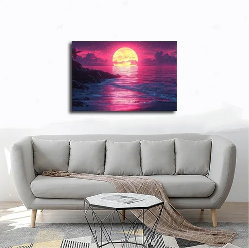 Vista 4 de Synthwave Retro Futurism Wall Art – Surreal Geometric Landscape Canvas – Unique Aesthetic Poster for Office Or Living Room Poster Print for Teen