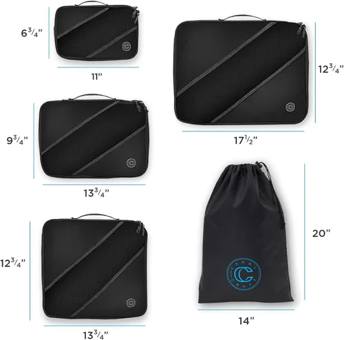 Vista 2 de Juego de 4 organizadores de equipaje de viaje con bolsa de lavandería, Negro, L
