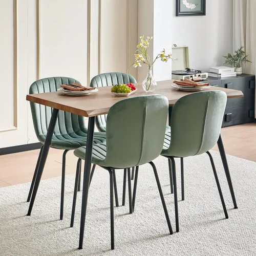 Vista 13 de Juego de 4 mesas de comedor para 4 personas con sillas blancas Boucle, mesa de centro rectangular moderna de mediados de siglo, mesa de cocina