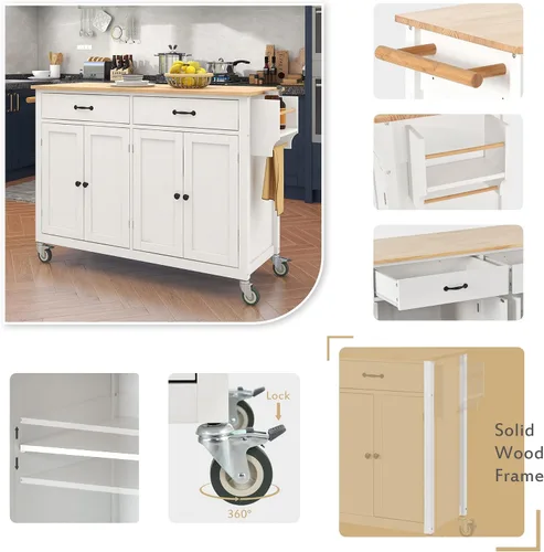 Vista 4 de Isla de cocina con ruedas con escritorio de madera maciza, mesa de isla de cocina con 2 cajones, carrito de isla de cocina con armario