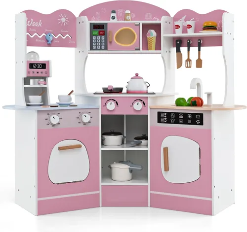 Vista 11 de Costzon Juego de cocina esquinera para niños, juego de cocina de juguete de madera con campana extractora de luces y sonidos, máquina de hielo