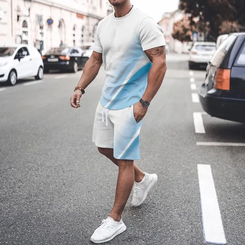 Vista 4 de Conjunto de 2 piezas de verano para hombre, estilo casual, manga corta, camiseta muscular y pantalones cortos deportivos de ajuste clásico