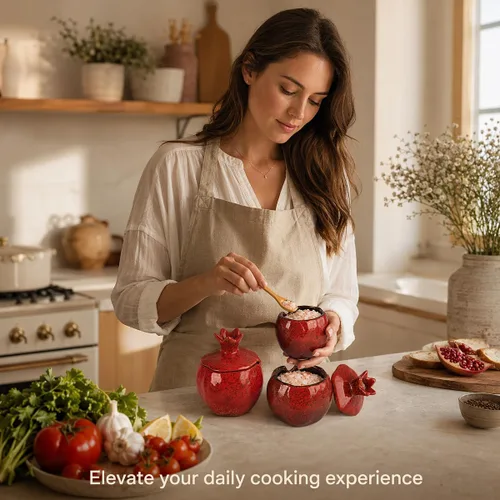 Vista 7 de Sal Bodega 2 PCS Cerámica Granada En Forma De Tazón De Sal Con Tapa Y Cuchara 2-pack ceramic pomegranate spice bowls with mottled red glaze, lids