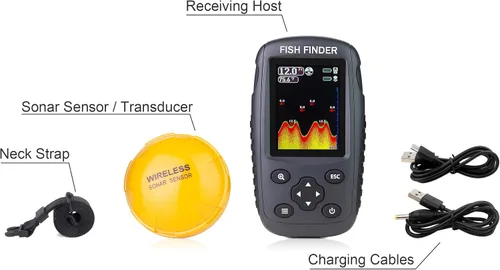 Vista 10 de ecosonda portátil recargable, sensor de sonar inalámbrico, localizador de profundidad con tamaño de los peces, contorno del fondo, pantalla LCD a