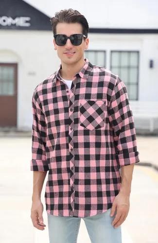 Vista 3 de Cromoncent - Camisa casual de franela a cuadros con botones para hombre