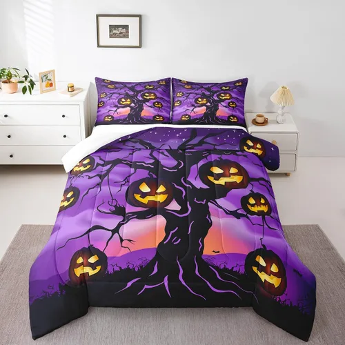 Vista 7 de Erosebridal Ropa de cama de Halloween para niños y niñas, juego de edredón espeluznante de dibujos animados, tamaño individual, relleno de edredón