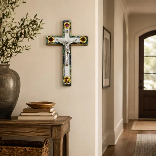 Vista 5 de Crucifijo de pared de cruz de madera de olivo cubierto con nácar con 4 reliquias sagradas, cruz de perla, crucifijo colgante de pared hecho