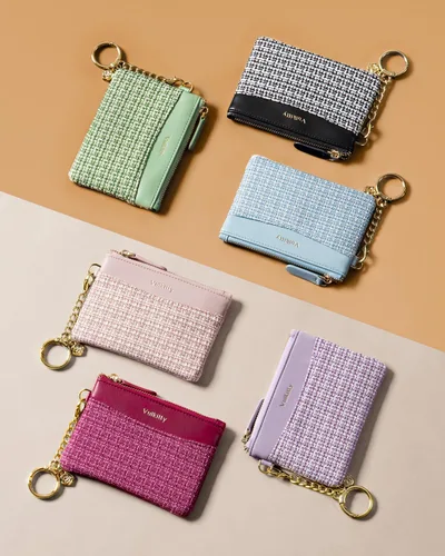 Vista 6 de Monedero delgado con llavero minimalista con cremallera bolsa de cambio billetera Rfid bloqueo tarjeta de crédito cartera, Púrpura, Minimalista