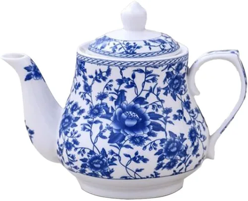 Vista 3 de Tetera, tetera de cerámica, tetera azul y blanca, tetera de té, 25 onzas