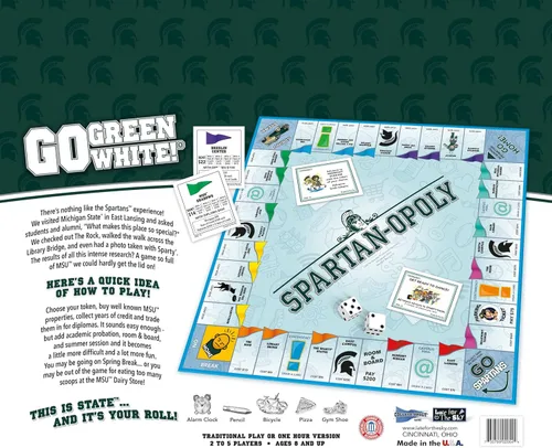 Vista 5 de Late for the Sky Spartanopoly - Juego de estrategia de la Universidad MSU Campus - Juego de mesa temático para 2-6 jugadores con estatua de fiesta