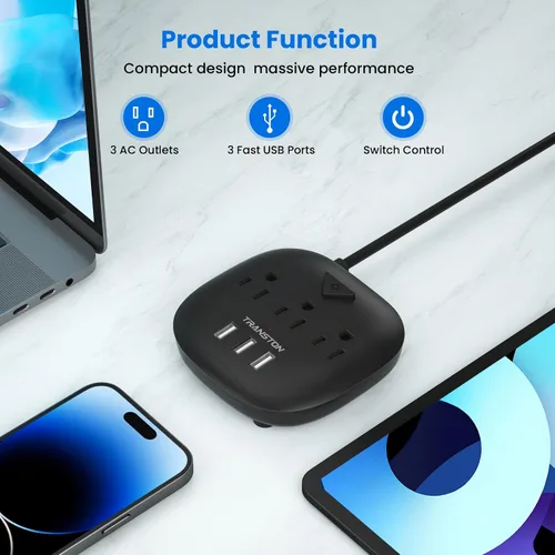 Vista 8 de Regleta de alimentación de 3 tomas y 3 puertos USB con control de interruptor, estación de carga de escritorio con cable de extensión de 5 pies