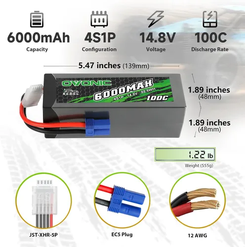 Vista 2 de OVONIC Batería Lipo 100C 4S 6000mAh 14.8V con conector EC5 para arrma speedrun Limitless RC Cars
