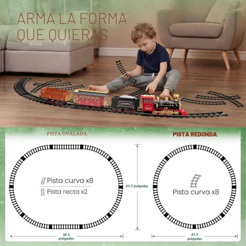 Vista 4 de Hot Bee Juego de tren – Juguetes de tren para niños con humo, luces y sonido, pistas, tren de juguete con locomotora de vapor, coches de carga