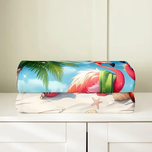 Vista 4 de Flamingo Couple Flannel Blankets,Christmas Themed Fleece Blanket,Kids Girls Boys Adult Tropical Sea Beach Fuzzy Blankets Coconut Tree Sherpa Blanket