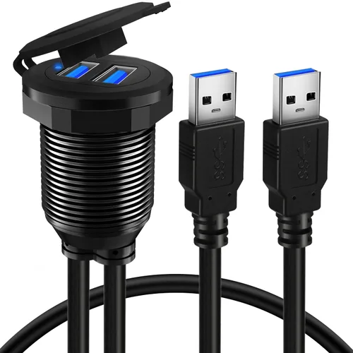 Vista 2 de Cable USB 3.0 de aleación de doble puerto para salpicadero de automóvil, macho a hembra, con indicador LED, cable de extensión para automóvil
