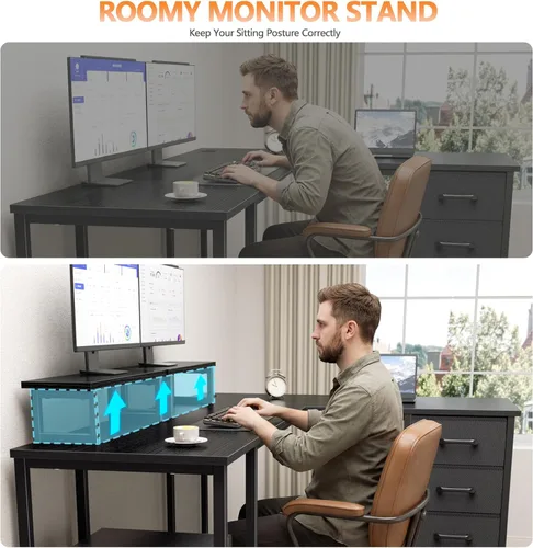 Vista 7 de Korfile Escritorio para computadora en forma de L de 59 pulgadas con tomas Negro