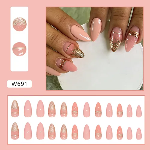 Vista 4 de TBRZTR Uñas postizas cortas ovaladas a presión de almendra, uñas postizas acrílicas artificiales con diseños de flash degradado dorado, cobertura