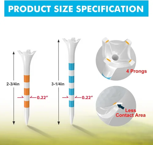 Vista 3 de 60/100 Pack Plastic Golf Tees (2-3/4"or 3-1/4"), Enhanced Durability & Stability, Designed to Reduce Friction and Side Spin