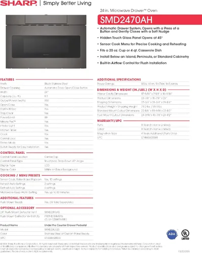 Vista 19 de SHARP SMD2470AH Horno de microondas con cajón, 24 pulgadas, 1.2 pies cúbicos, 950 vatios, panel de control oculto con pantalla LCD digital, acero