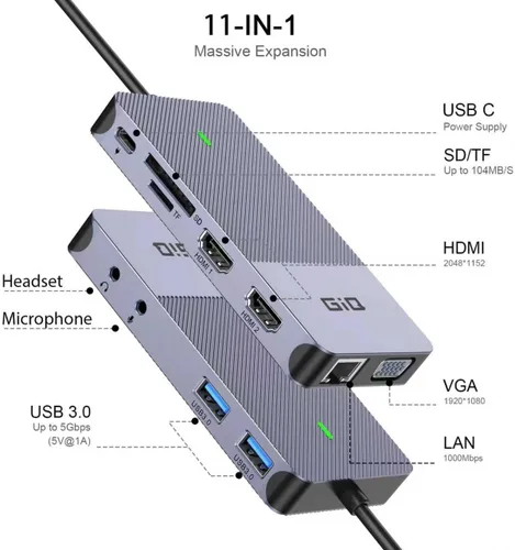 Vista 2 de Estación de acoplamiento USB GIQ USB C HUB USB 3.0 a HDMI dual Adaptador VGA de triple pantalla USB C Estación de acoplamiento para portátil Monitor
