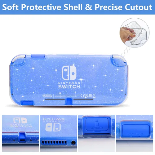 Vista 5 de GLDRAM Blue Carrying Case for Nintendo Switch Lite, Portable Travel Case with 8 Game Card Slots, 4 in 1 Accessories Kit with Clear Glitter TPU