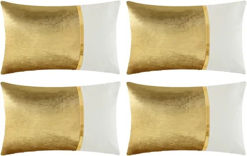 Vista 19 de Fancy Homi Paquete de 4 fundas de almohada decorativas para sala de estar, sofá cama, retazos de terciopelo con cuero dorado, decoración moderna