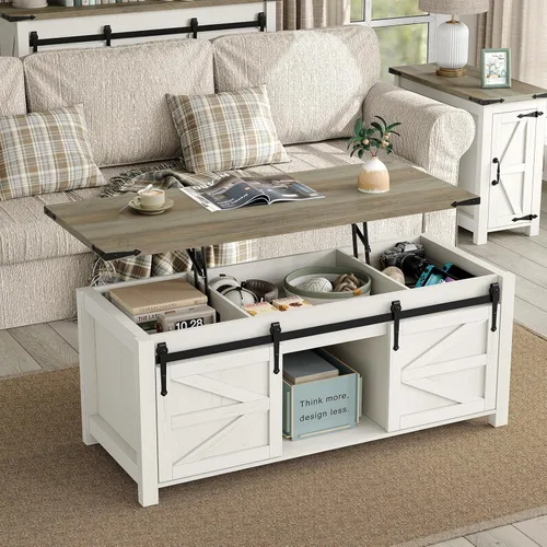 Vista 9 de Furnihold Mesa auxiliar de 47.3 pulgadas con almacenamiento, mesa de centro de madera de granja con parte superior elevable, puertas corredizas