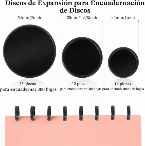 Vista 2 de 36 unidades (2 pulgadas, 1-3/8 pulgadas, 1 pulgada) discos negros de plástico, discos de expansión, cuadernos, discos de planificación, accesorios