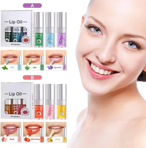 Vista 2 de Juego de 3 aceites hidratantes para labios, aceite hidratante para labios, brillo labial, transparente, sin pegajoso, bálsamo labial, cuidado