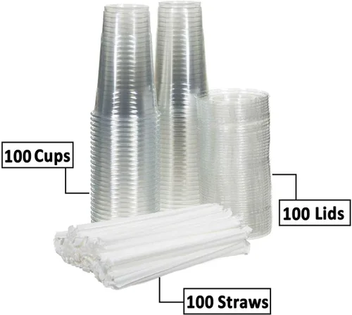 Vista 2 de 100 juegos (16 onzas) vasos desechables de plástico transparente con tapas planas y pajitas