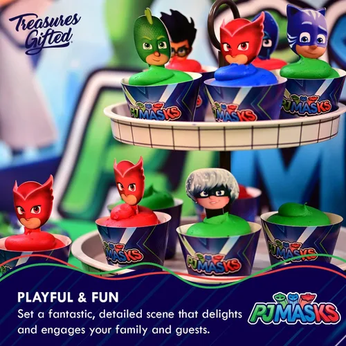 Vista 6 de Treasures Gifted Suministros para fiesta de cumpleaños con licencia oficial de PJ Masks - Sirve a 16 invitados - Juego clásico de vajilla PJ Masks