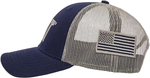 Vista 2 de Caterpillar Equipment Gorra de malla con parche de bandera de Estados Unidos azul marino y caqui, Azul