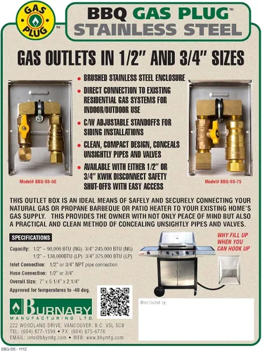 Vista 3 de Burnaby Manufacturing Ltd Salida de gas para barbacoa, entrada de 1/2" NPT, salida de desconexión rápida de 1/2