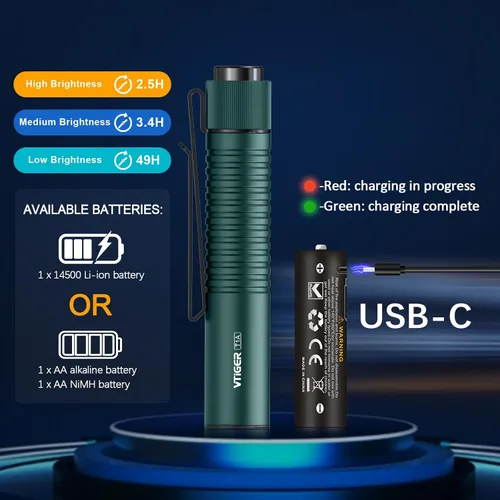 Vista 6 de VTIGER T1A Mini Linterna EDC de Bolsillo con Clip, 1300 Lúmenes Linterna Compacta AA Recargable LED Pequeña, Interruptor de Cola Súper Brillante