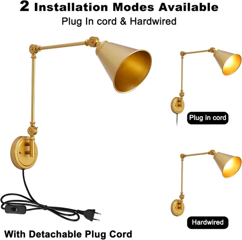 Vista 5 de Moderno aplique de pared enchufable, lámpara de pared inalámbrica de latón dorado con brazo oscilante para dormitorio, accesorios de pared