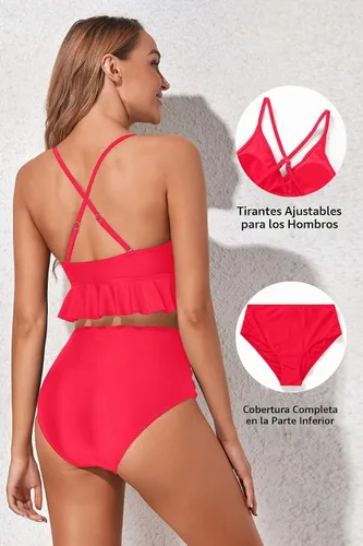 Vista 4 de Tempt Me - Traje de baño de dos piezas para mujer, bikini de cintura alta con volantes y control de abdomen Rojo neón