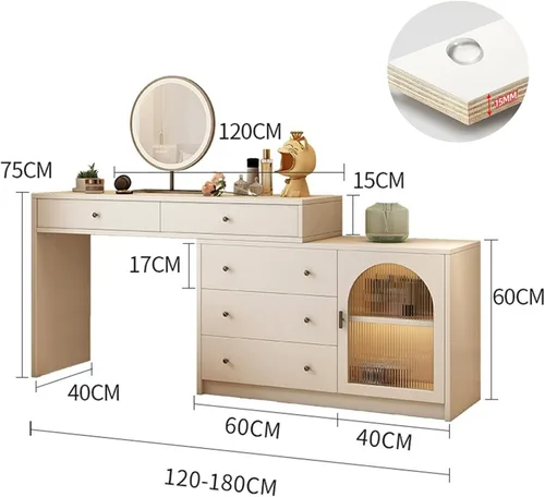Vista 7 de Escritorio de tocador con espejo iluminado LED, mesa de maquillaje con cajón grande y gabinete, 3 modos de iluminación de brillo ajustable, tocador