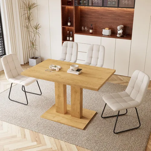 Vista 9 de HIPIHOM Mesa de comedor moderna de 46 pulgadas, mesa de cocina rectangular con acabado de roble, mesa de comedor compacta para 4, construcción