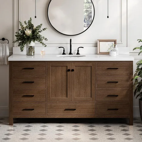 Vista 18 de ARIEL Cambridge tocador de baño con fregadero, madera maciza, encimera y protector contra salpicaduras de cuarzo blanco puro de 1.5 pulgadas