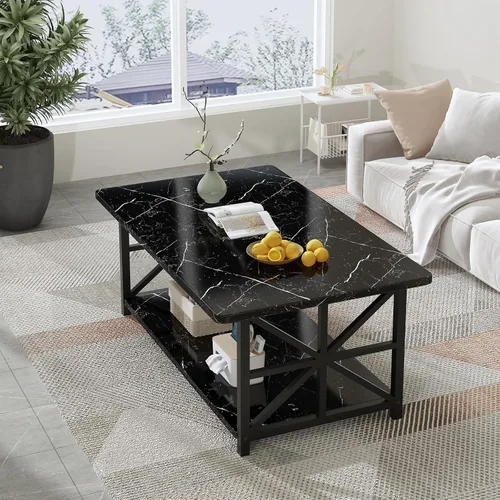 Vista 3 de AWQM Mesa de Centro de Mármol Sintético para Sala de Estar, Mesa de Centro Moderna de 2 Niveles con Almacenamiento, Mesa Central Rectangular