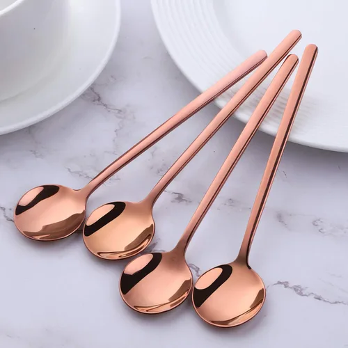 Vista 4 de Juego de 8 cucharas de café pequeñas de acero inoxidable 18/10 de oro rosa para té, postre, aperitivo, 5.1 pulgadas