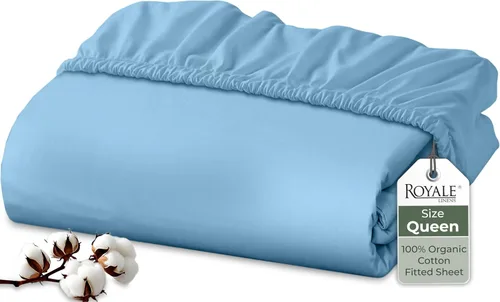 Vista 97 de Royale Linens Sábana bajera ajustable de 100% algodón orgánico - Tejido de percal - Sábanas bajeras de bolsillo profundo súper suaves - Sábana
