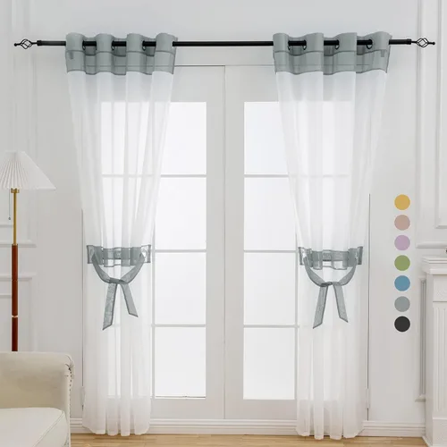 Vista 17 de L.Z.E - Cortinas transparentes blancas y negras de 63 pulgadas de largo, 2 paneles para sala de estar, cortinas elegantes y modernas transparentes